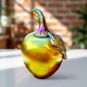 1996 Lindberg Studios Iridescent Gold Apple-Hand Blown Art Glass Paperweight